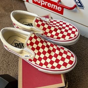 Vans red checkered slip ons